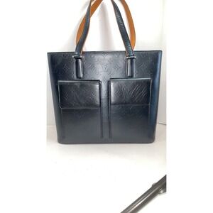 Auth LOUIS VUITTON EmbossedMatt Black LeatherStockton 2 Flap Front Pocket LgTote